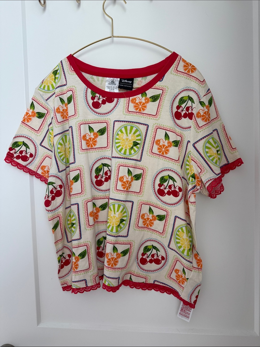 Disney Cream Short-Sleeve Tee with Red Trim and Fruit Print